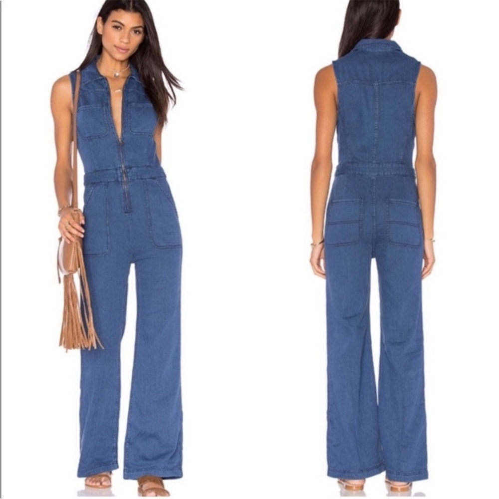 💙 Free People The Wind And More Denim Sleeveless Retro Jumpsuit size 6
